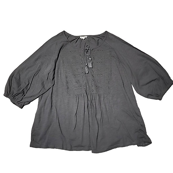 Jane & Delaney Peasant Top 1X‎ Gray Embroidered Balloon Sleeves Tassel Boho - Picture 1 of 8